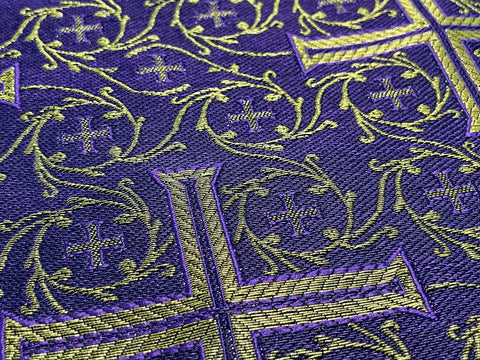 STOCK 2.5m Liturgical metallic brocade fabric with crosses (IERO 81) - dark purple/purple/gold