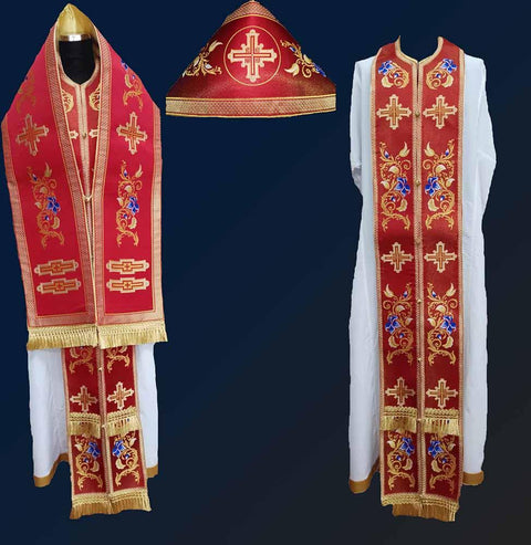 Bishop set with a floral pattern and Crosses on a red background -  Liturgical Fabrics