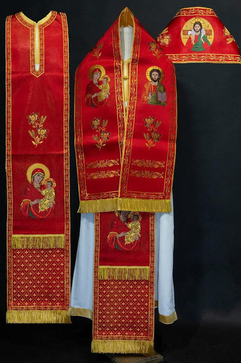 Bishop set ‘Virgin Mary’ on a red background -  Liturgical Fabrics