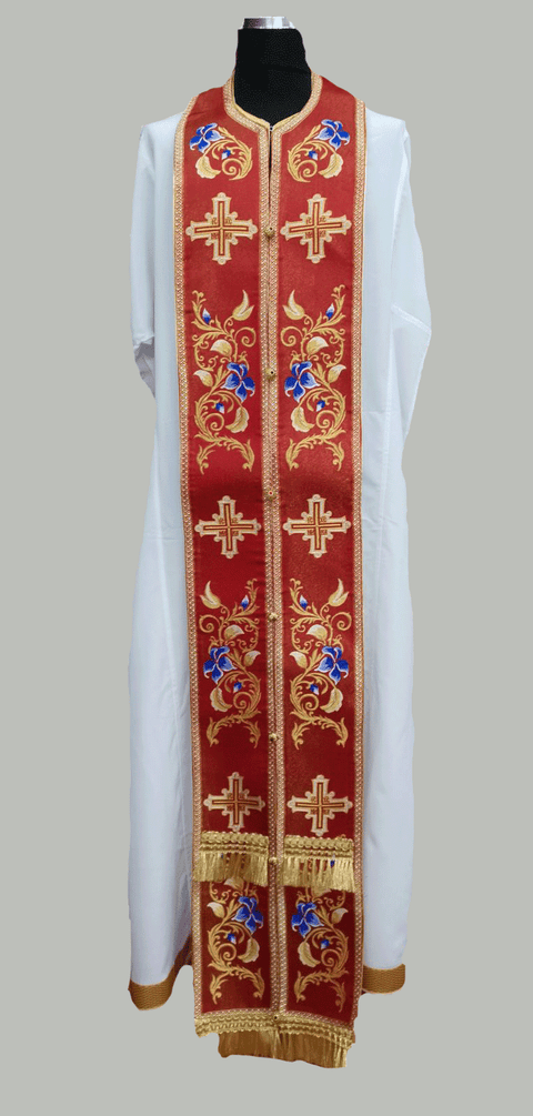 Epitrachelion with a floral pattern and crosses on a red background -  Liturgical Fabrics