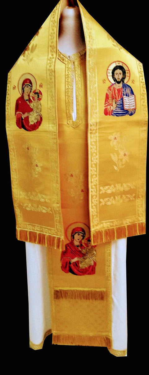 Omophorion ‘Panagia Vrefokratousa’ on a gold background with a blue cloak -  Liturgical Fabrics