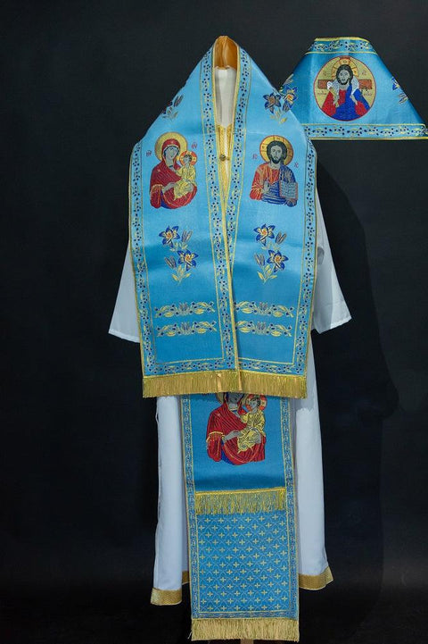 Omophorion ‘Panagia Vrefokratousa’ on a light blue background -  Liturgical Fabrics